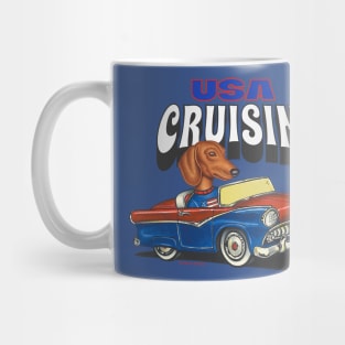 Humorous Funny and Cute Doxie Dachshund dog Cruising through the USA with a vintage car Mug